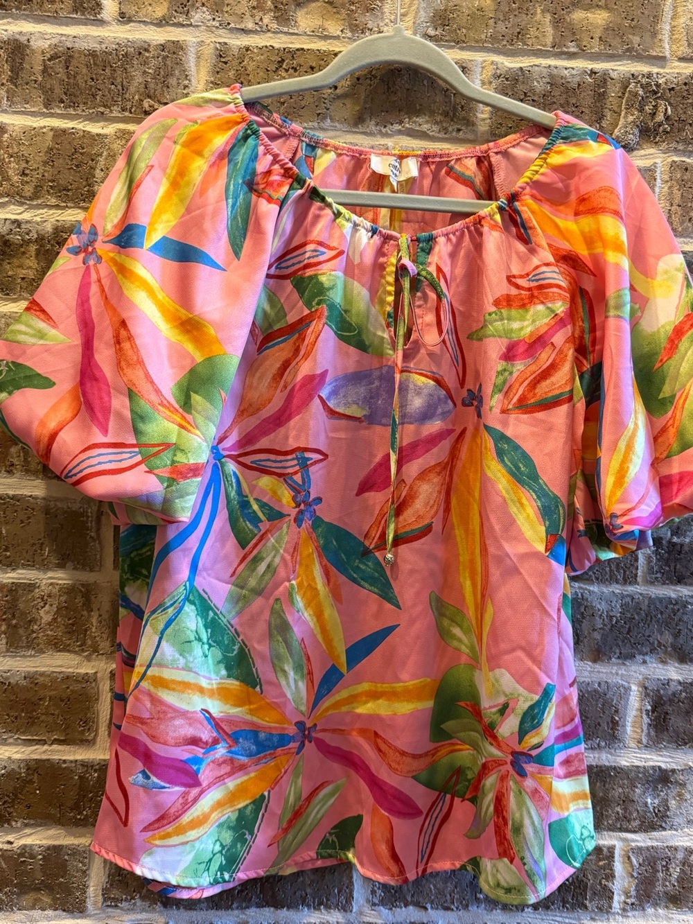 Entro Pink Tropical Floral Puff Sleeve Blouse Small Tie Neck Resort Coastal
